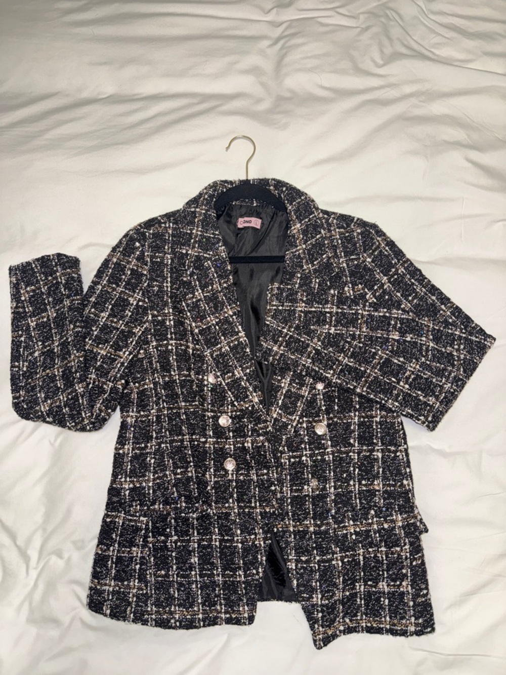 Plaid Tweed Double-Breasted Women's Jacket - Black & White
